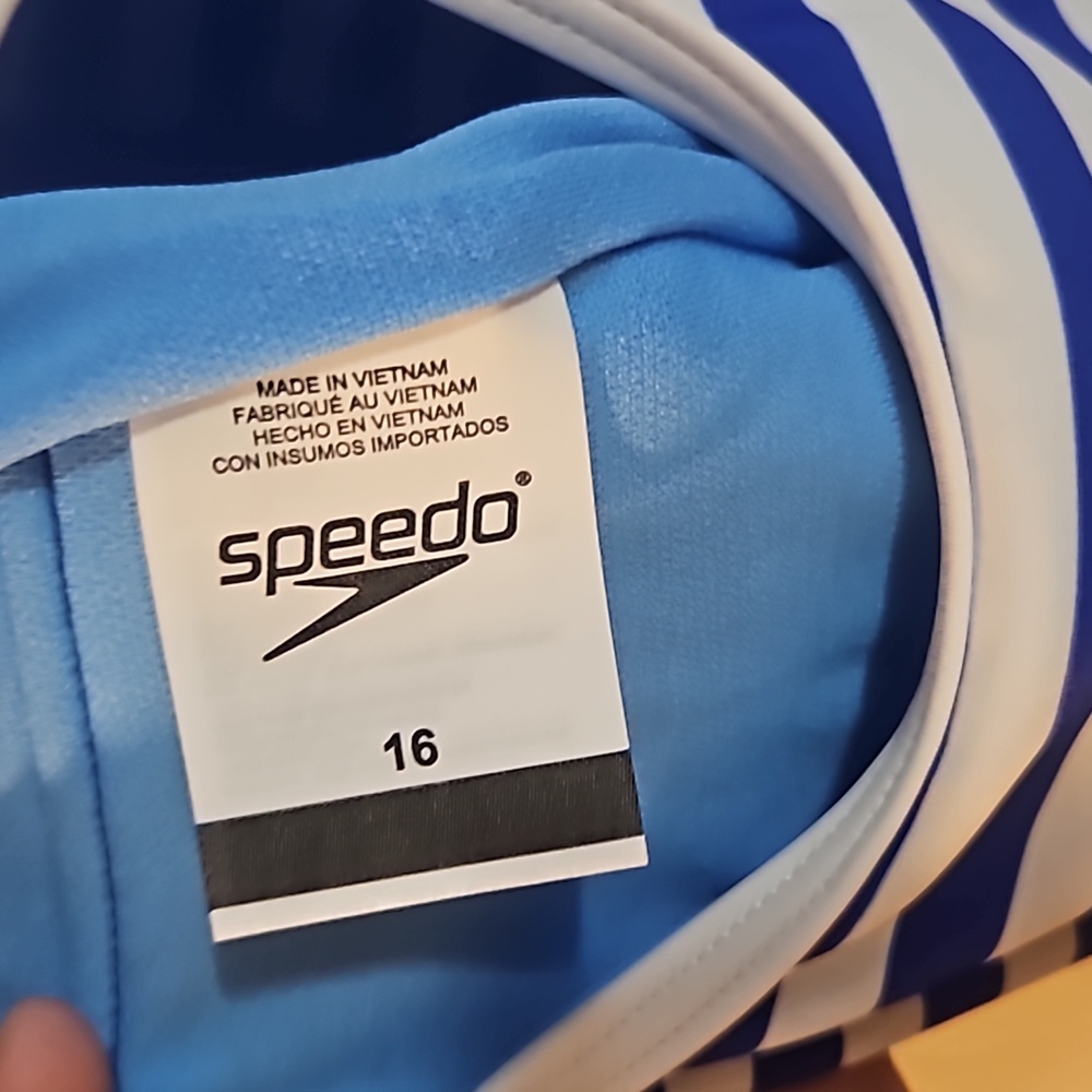 Speedo Girls’ Stripe Blocked One Piece Swimsuit: BLUE/RED: NEW WITH TAGS: SZ 16 - Picture 5 of 8
